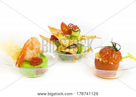 Mini canap with elements of molecular kitchen on white background