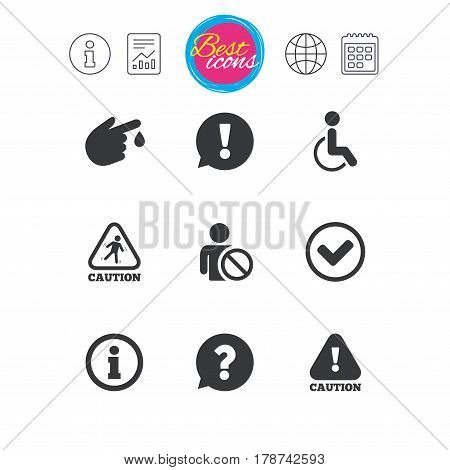 Information, report and calendar signs. Caution and attention icons. Question mark and information signs. Injury and disabled person symbols. Classic simple flat web icons. Vector