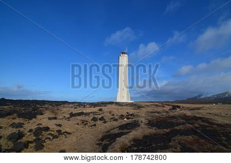 Black lava rocks in the fields surrounding Malarrif Lighthouse in Iceland.