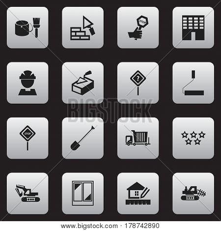 Set Of 16 Editable Construction Icons. Includes Symbols Such As Caution, Spatula, Five Starlet And More. Can Be Used For Web, Mobile, UI And Infographic Design.