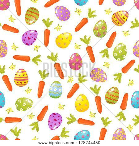 Easter seamless background.Religious holiday pattern from colored eggs, flowers , carrrot .Traditional symbols of Easter cartoon style vector illustration