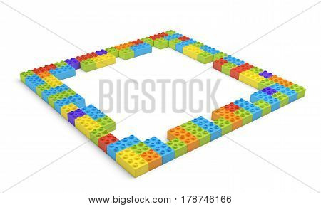 3d rendering of many blocks in different colors making up one hollow square shape. Building sets. Toys and games. Leisure and recreation.