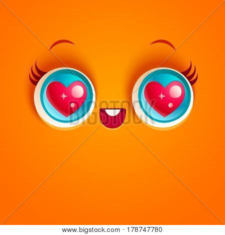 Vector illustration of cute love face. Kawaii face with eyes and heart.