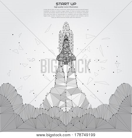 Polygonal Shuttle Launch. Point and line composition. Spaceship and space background. Projects template for business. Vector illustration