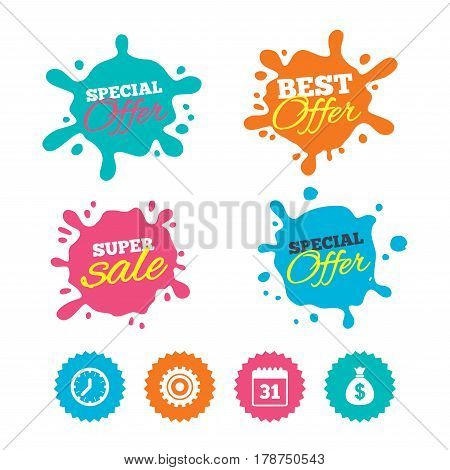 Best offer and sale splash banners. Business icons. Calendar and mechanical clock signs. Dollar money bag and gear symbols. Web shopping labels. Vector