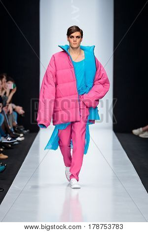 MOSCOW RUSSIA - MARCH 15 2017: Model walk runway for DESIGNER NIKOLAY LEGENDA catwalk at Fall-Winter 2017-2018 at Mercedes-Benz Fashion Week Russia. Men's fashion.