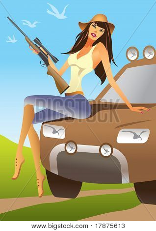 chasseresse, assis sur une voiture tout-terrain