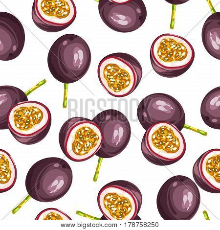 Seamless pettern with passion fruit isolated on white background. Illustration of tropical plant.