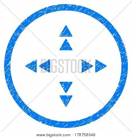 Move Out grainy textured icon inside circle for overlay watermark stamps. Flat symbol with dust texture. Circled vector blue rubber seal stamp with grunge design.