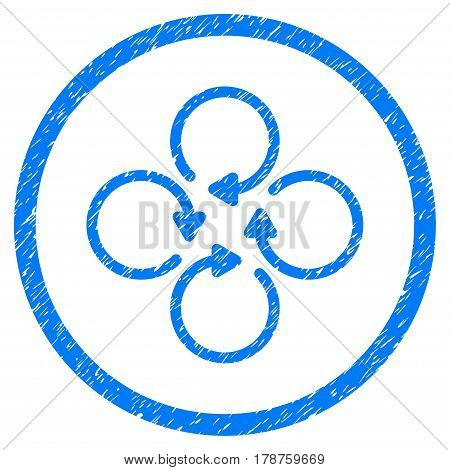 Rotation grainy textured icon inside circle for overlay watermark stamps. Flat symbol with unclean texture. Circled vector blue rubber seal stamp with grunge design.