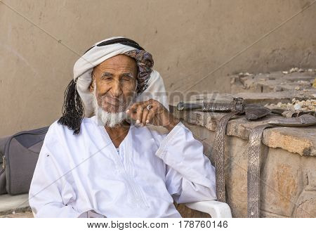Nizwa Oma 24th March 2017: old Omani man at old Nizwa market