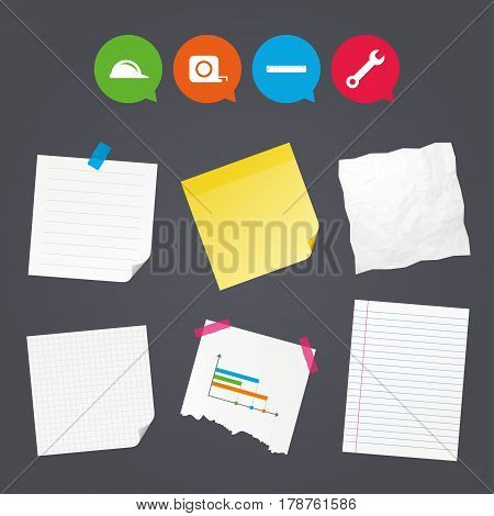 Business paper banners with notes. Construction helmet and wrench key tool icons. Ruler and tape measure roulette sign symbols. Sticky colorful tape. Speech bubbles with icons. Vector