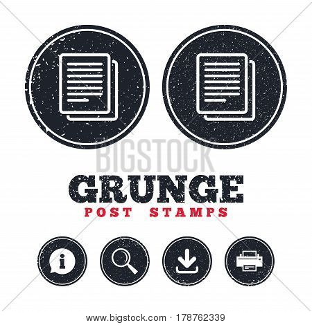 Grunge post stamps. Copy file sign icon. Duplicate document symbol. Information, download and printer signs. Aged texture web buttons. Vector