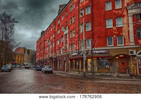 KALININGRAD, RUSSIA - MAR 19, 2017: Epronovskaya street in the evening. The Restaurant 