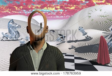 Surreal desert with chess figures. Faceless man in suit. Figure of man in a distance. Red clouds. Figure of man in hijab.     3D Rendering