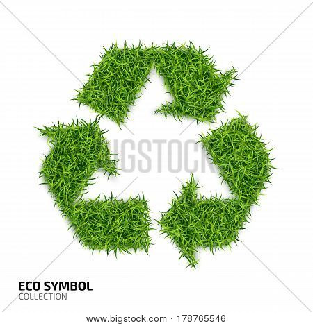 Recycle icon from green grass isolated on white background. Recycling of garbage icon with the green lawn texture. Ecology symbol collection. Vector illustration