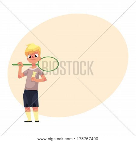 Teenage Caucasian boy halding badminton racket and birdie, cartoon vector illustration with place for text. Boy with badminton racket, summer activity, having fun at the playground