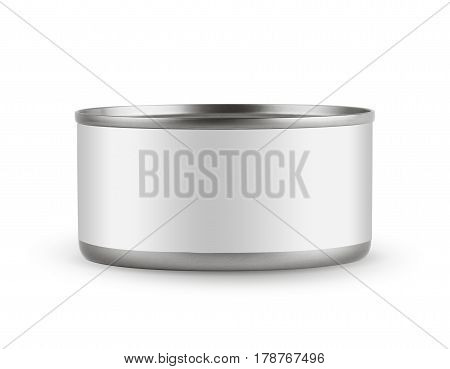 White blank tincan silver metal Tin Can, canned Food. Isolated on white background. Ready for your design. Real product packing. Mockup.