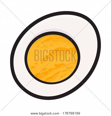 Boiled chicken egg cut in half, sketch style vector illustration isolated on white background. Hand drawn, sketched illustration, half of hard boiled chicken egg