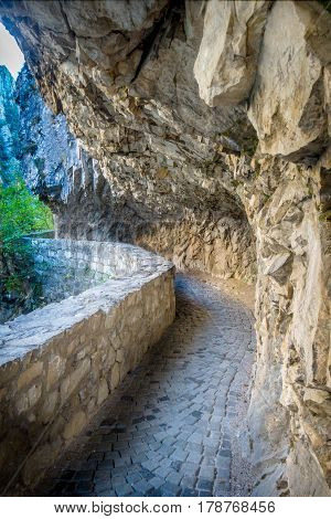 Tourist attraction, Matka Canyon in the Skopje surroundings, Macedonia. Hiking trail along side the mountain.
