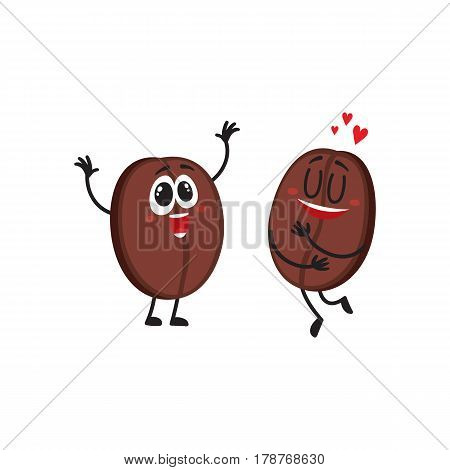 Two funny coffee bean characters, one showing love, another hands up from awe, delight, cartoon vector illustration isolated on white background. Two coffee bean characters, mascots, design elements