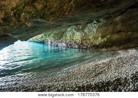 Cave On The Dafnoudi Beach On Kefalonia Island, Greece