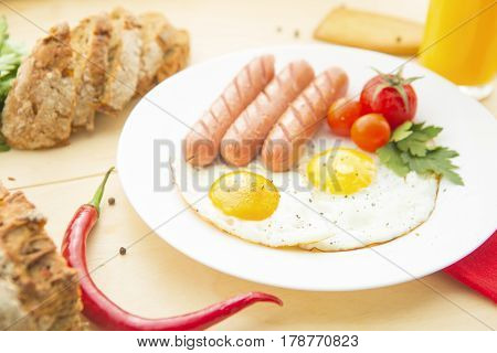 Fried Eggs And Fried Sausage For Breakfast.