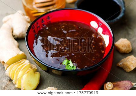 Teriyaki traditional Japanese sauce . selective focus
