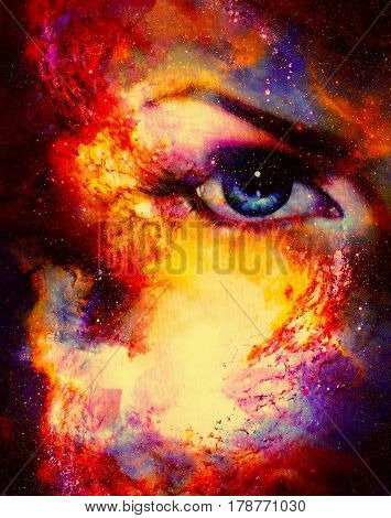 Woman eye in cosmic background. Painting and graphic design