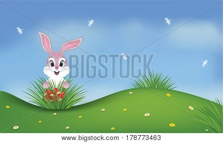 Spring background with a pink cute bunny and red Easter eggs in a green field. Dragonflies on the blue sky.
