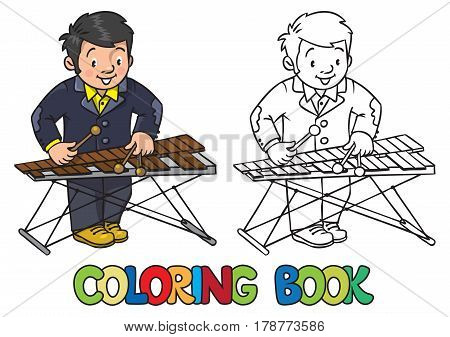 Coloring book of funny musician or xylophone player. Profession series. Children vector illustration.