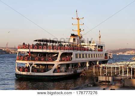 ISTANBUL TURKEY - MARCH 01 2017: Sehir Hatlari ferry in Eminonu Port. Sehir Hatlari was established in 1844 and now carry 150000 passengers a day.
