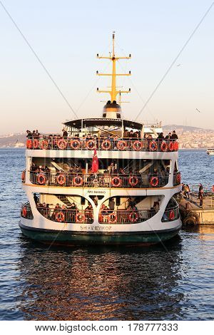 ISTANBUL TURKEY - MARCH 01 2017: Sehir Hatlari ferry in Eminonu Port. Sehir Hatlari was established in 1844 and now carry 150000 passengers a day.