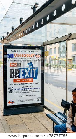 OXFORD UNITED KINGDOM - JUL 7 2016: Undecided Brexit the movie -to choose or not Brexit - advertising poster in the bus station of the Oxford city