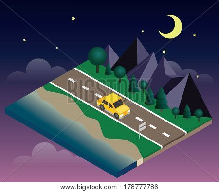 Vector isometric icon representing traveling car on the road near the beach and forest