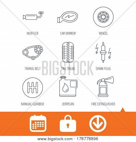 Wheel, car mirror and timing belt icons. Fire extinguisher, jerrycan and manual gearbox linear signs. Muffler, spark plug icons. Download arrow, locker and calendar web icons. Vector