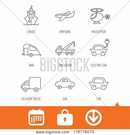 Transportation icons. Car, ship and truck linear signs. Airplane, helicopter and evacuator flat line icons. Download arrow, locker and calendar web icons. Vector