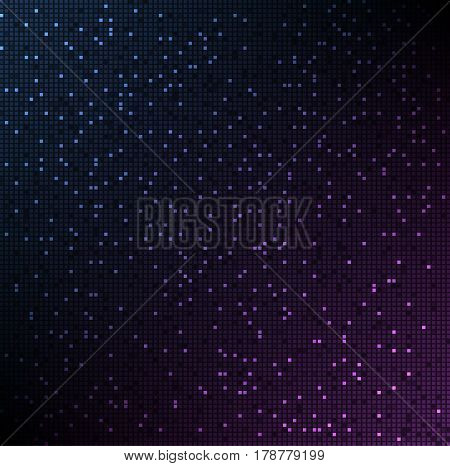 Abstract background of small glowing blue-violet squares in the dark. New technologies programming bright mosaic