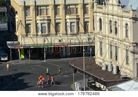 AUCKLAND - MAR 16 2017:Aerial view of K Road. Karangahape Road is one of the main streets in the central business district of Auckland New Zealand.