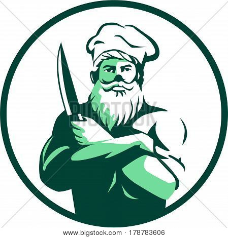 Illustration of a chef cook with beard wearing chef's hat arms crossed holding knife facing front set inside circle on isolated background done in retro style.