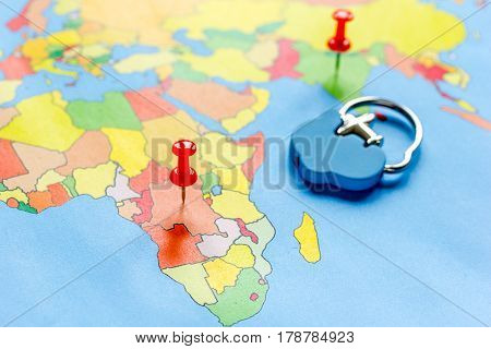 preparetion and booking travel concept with fob on map of the world background