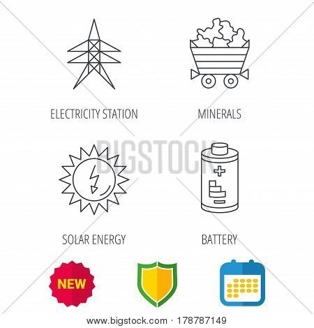 Solar energy, battery and minerals icons. Electricity station linear sign. Shield protection, calendar and new tag web icons. Vector