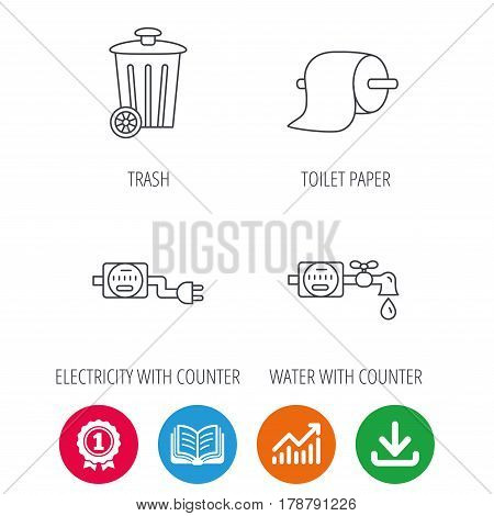 Trash bin, electricity and water counter icons. Toiler paper linear sign. Award medal, growth chart and opened book web icons. Download arrow. Vector