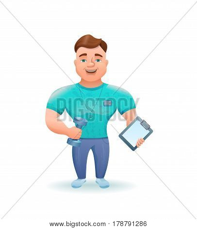 Personal fitness trainer or bodybuilder holding dumbell cartoon character. Vector illustration