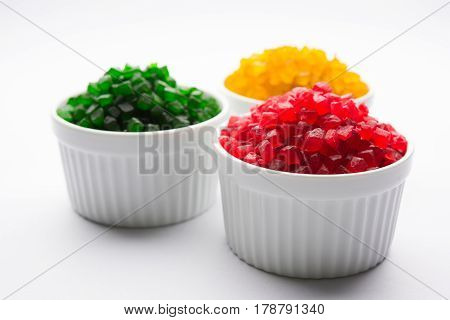 Sweet Fruit Candy Also Know As tutti-frutti, Candied Fruits served in a bowl used in masala pan in india or in cakes or sweets