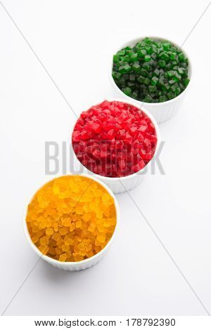 Sweet Fruit Candy Also Know As tutti-frutti, Candied Fruits served in a bowl used in masala pan in india or in cakes or sweets