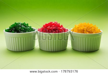 Sweet Fruit Candy Also Know As tutti-frutti, Candied Fruits served in a bowl used in masala pan in india or in cakes or sweets