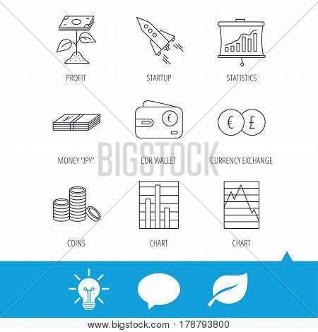 Profit investment, cash money and startup rocket icons. Wallet, currency exchange and euro linear signs. Chart, coins and statistics icons. Light bulb, speech bubble and leaf web icons. Vector