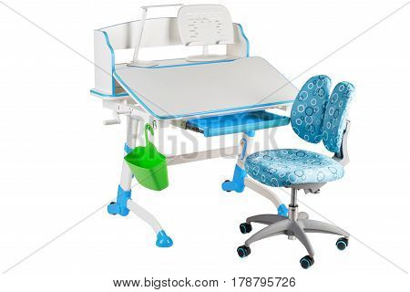 Blue chair blue school table green basket and desk lamp on the white isolated background.
