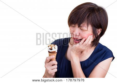 Asian Women Suffering Intense Toothache Pain After Biting Ice Cream